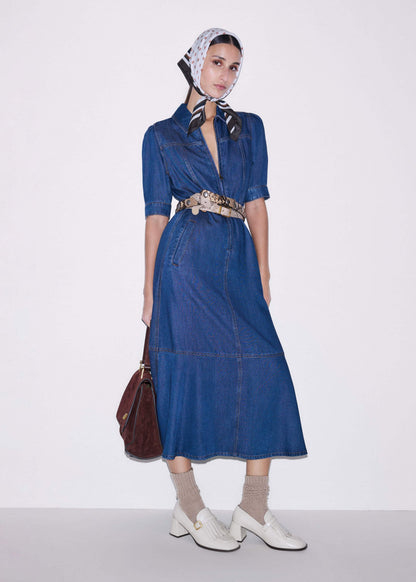 Blue Fluid Fit + Flare Midi Dress + Belt | ME+EM Clothing