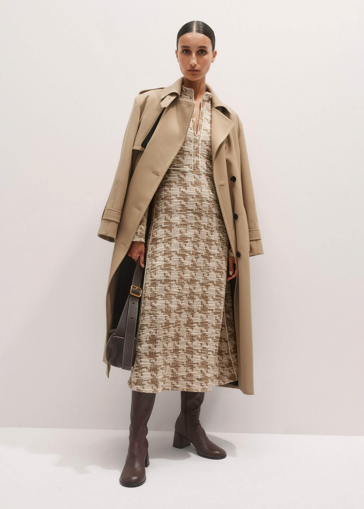 Brown Exaggerated Houndstooth Midi Dress | ME+EM Clothing