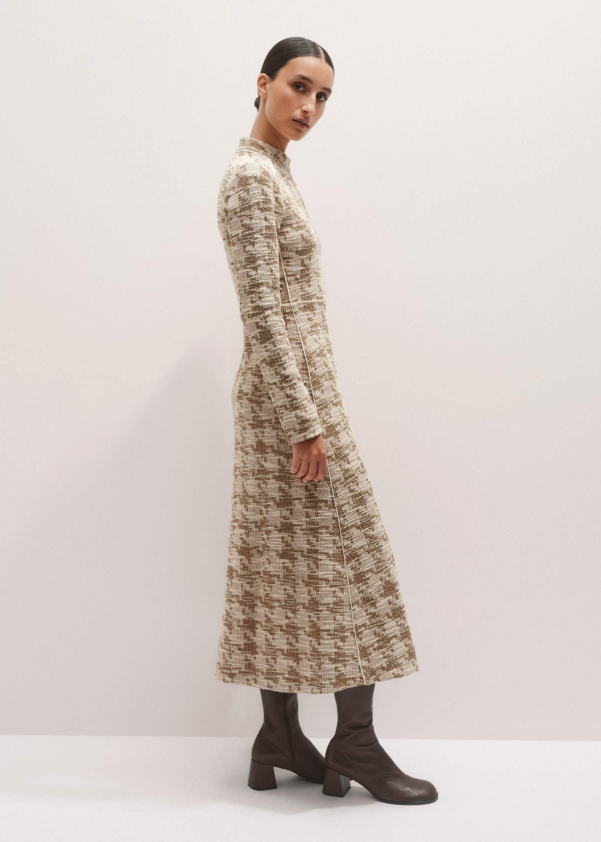 Brown Exaggerated Houndstooth Midi Dress | ME+EM Clothing