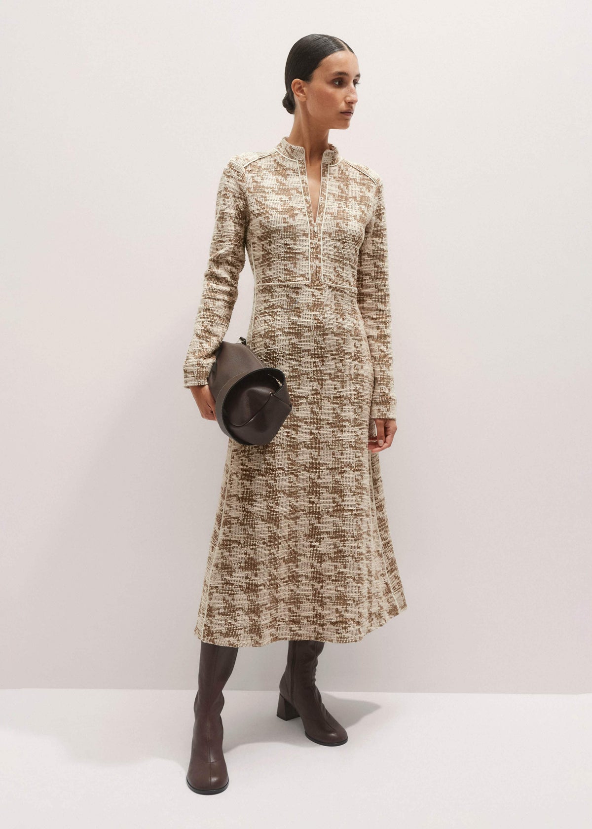 Brown Exaggerated Houndstooth Midi Dress | ME+EM Clothing