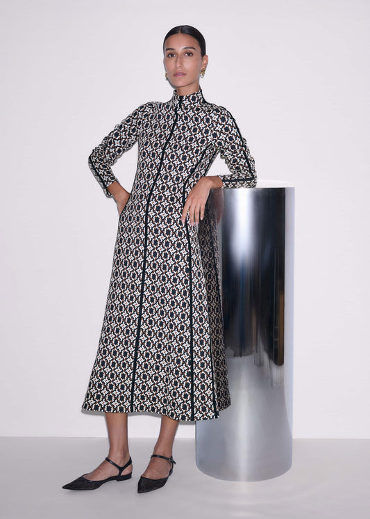 Navy Graphic Jacquard Fit and Flare Midi Dress | ME+EM Clothing
