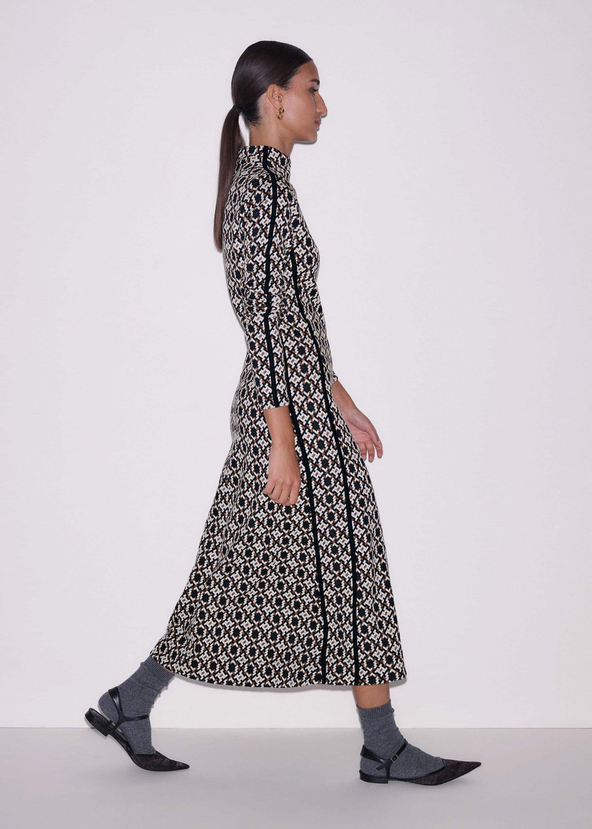 Navy Graphic Jacquard Fit and Flare Midi Dress | ME+EM Clothing
