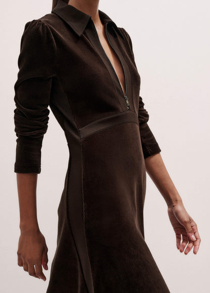 Brown Ponte Collared Cord Velour AM-PM Midi Dress | ME+EM Clothing