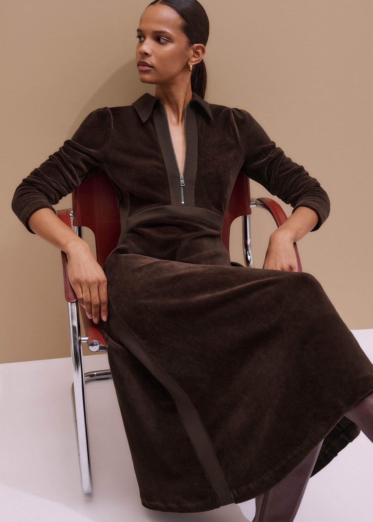 Brown Ponte Collared Cord Velour AM-PM Midi Dress | ME+EM Clothing