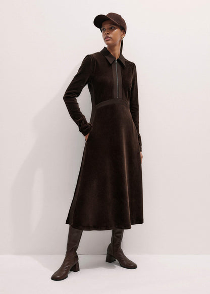 Brown Ponte Collared Cord Velour AM-PM Midi Dress | ME+EM Clothing