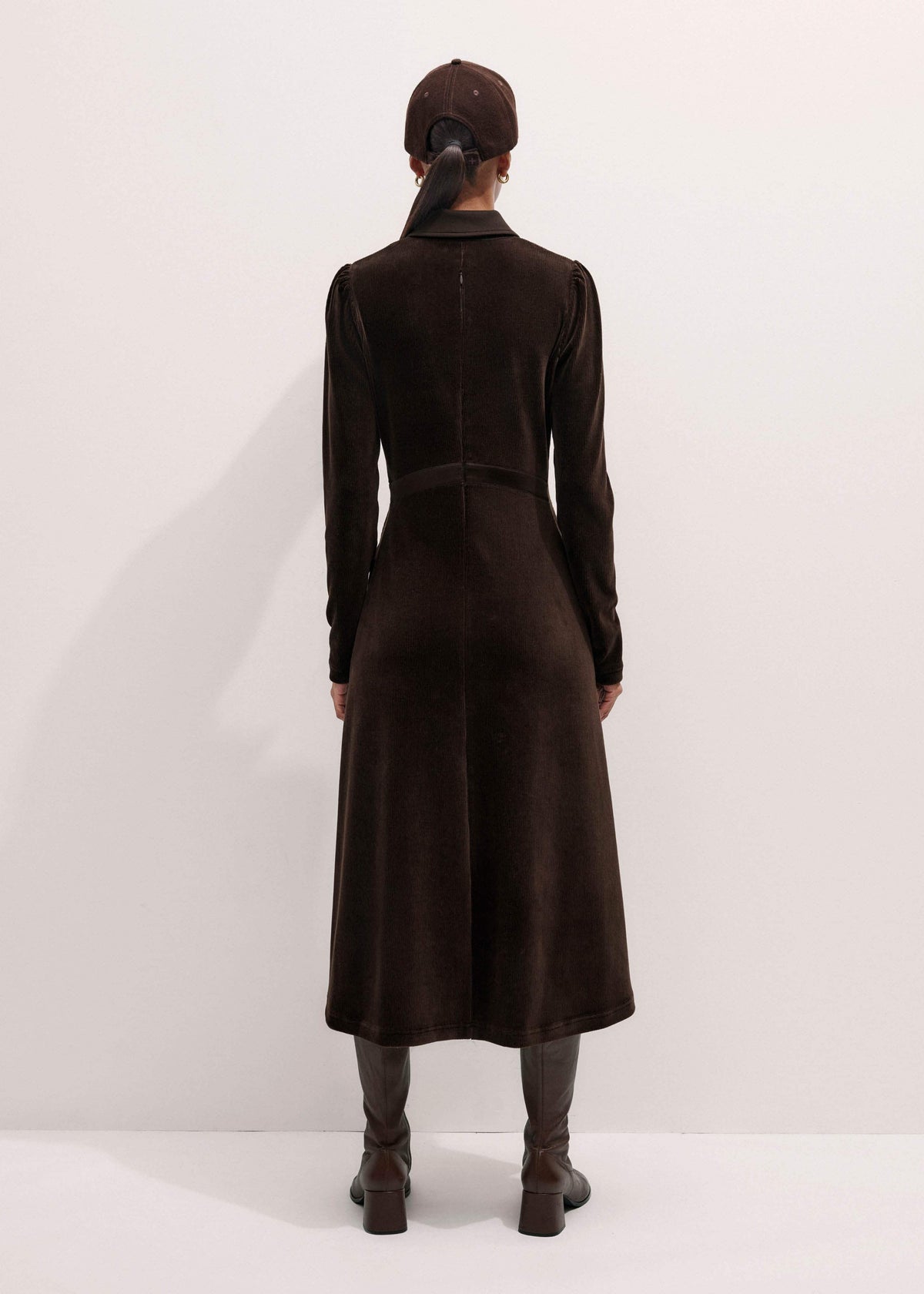Brown Ponte Collared Cord Velour AM-PM Midi Dress | ME+EM Clothing