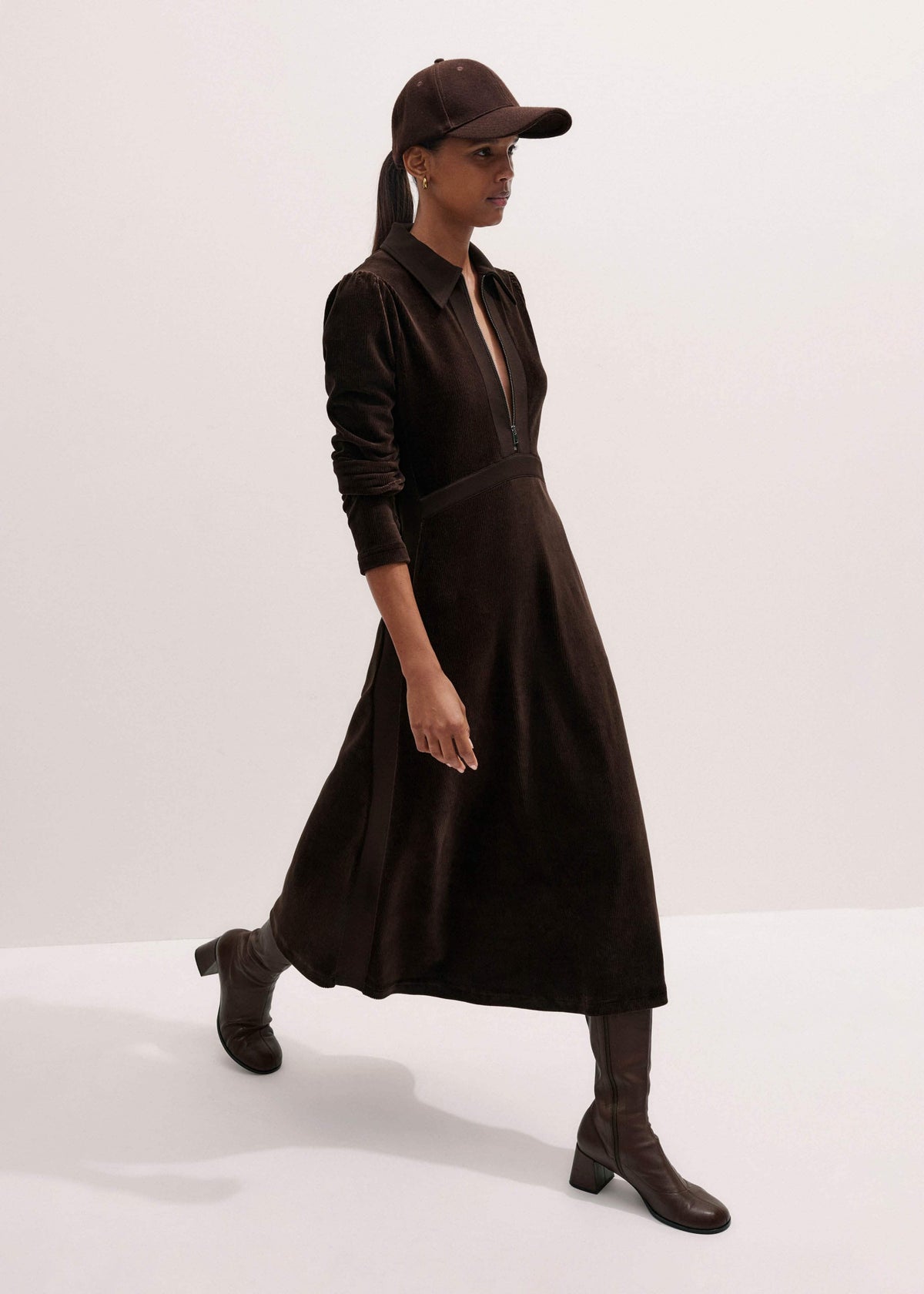 Brown Ponte Collared Cord Velour AM-PM Midi Dress | ME+EM Clothing