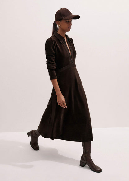 Brown Ponte Collared Cord Velour AM-PM Midi Dress | ME+EM Clothing