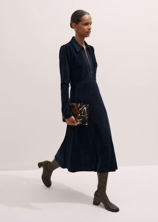 Navy Ponte Collared Cord Velour AM-PM Midi Dress | ME+EM Clothing