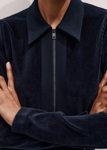Navy Ponte Collared Cord Velour AM-PM Midi Dress | ME+EM Clothing