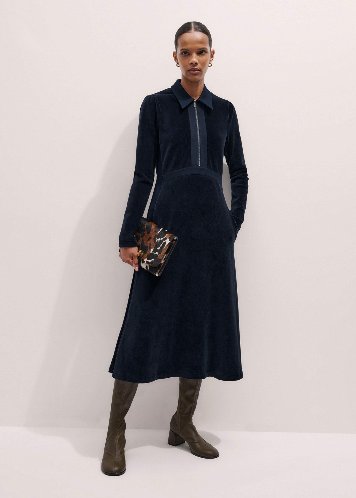Navy Ponte Collared Cord Velour AM-PM Midi Dress | ME+EM Clothing