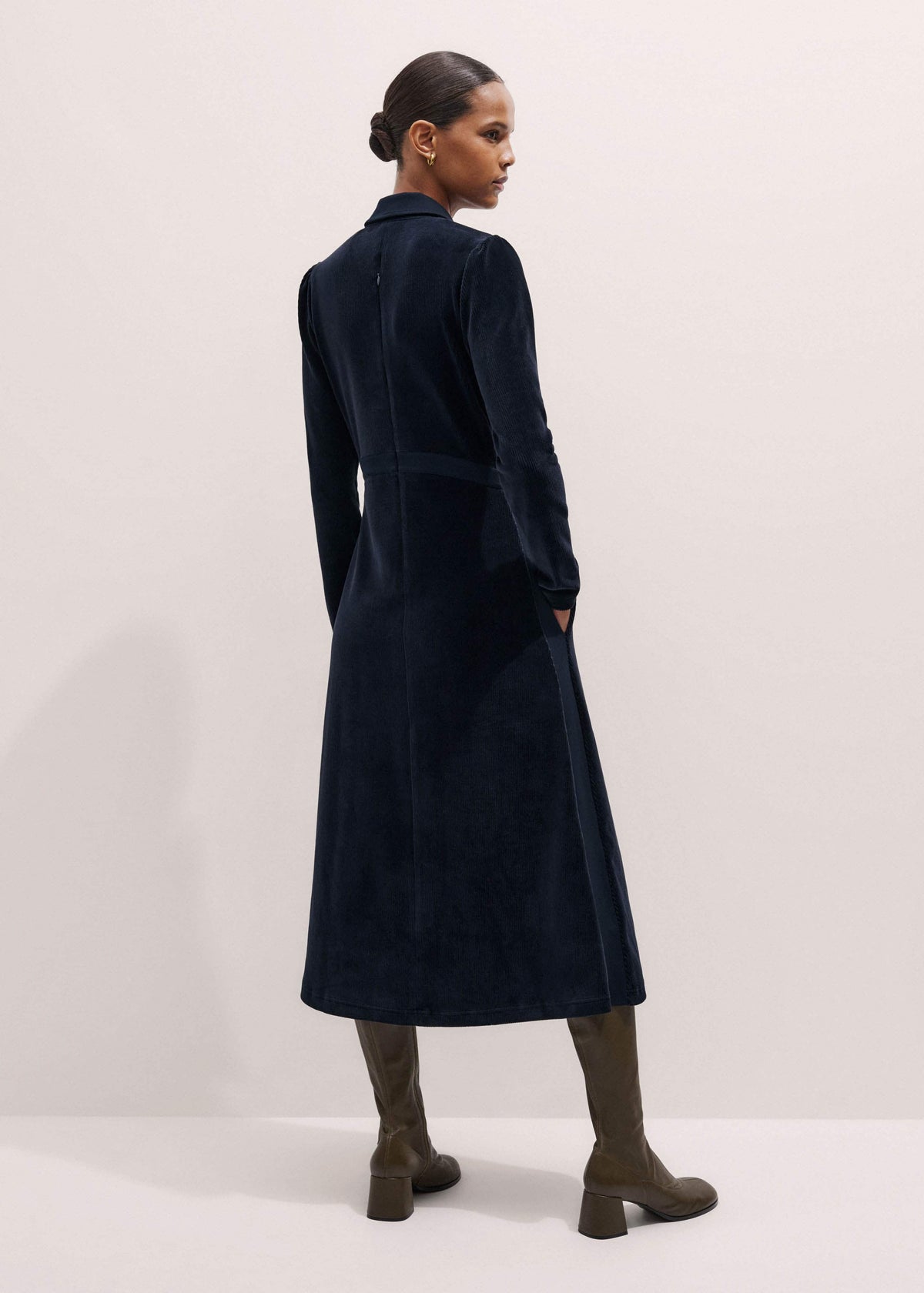 Navy Ponte Collared Cord Velour AM-PM Midi Dress | ME+EM Clothing