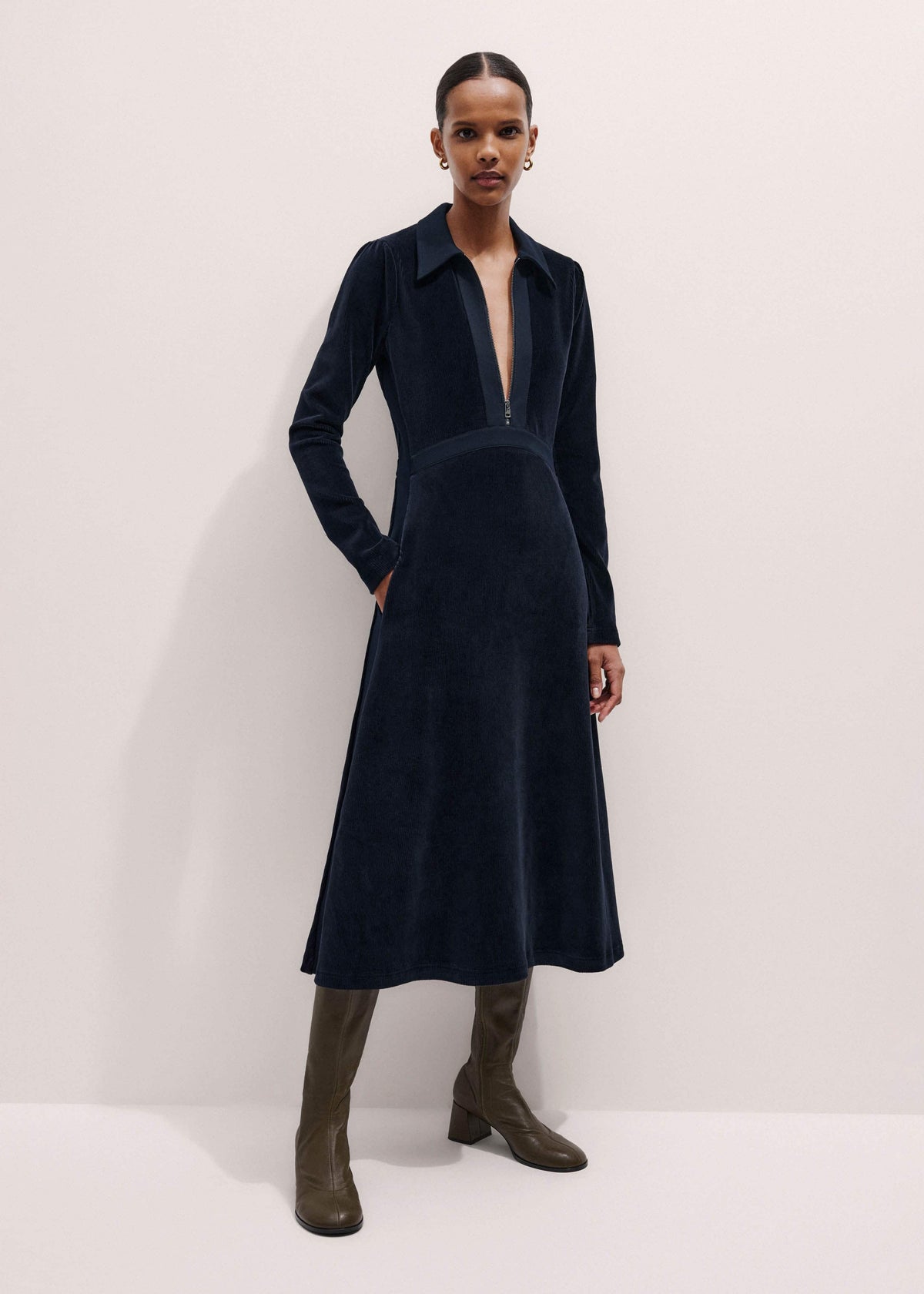 Navy Ponte Collared Cord Velour AM-PM Midi Dress | ME+EM Clothing