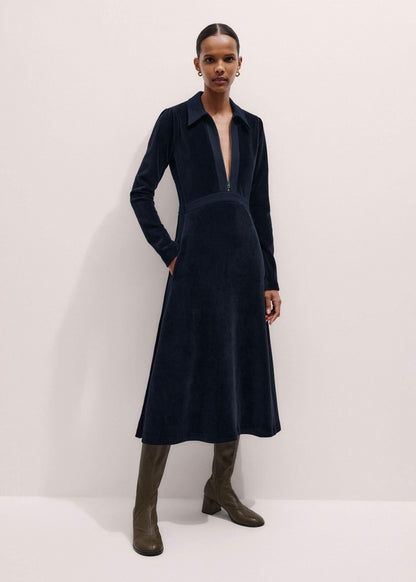 Navy Ponte Collared Cord Velour AM-PM Midi Dress | ME+EM Clothing