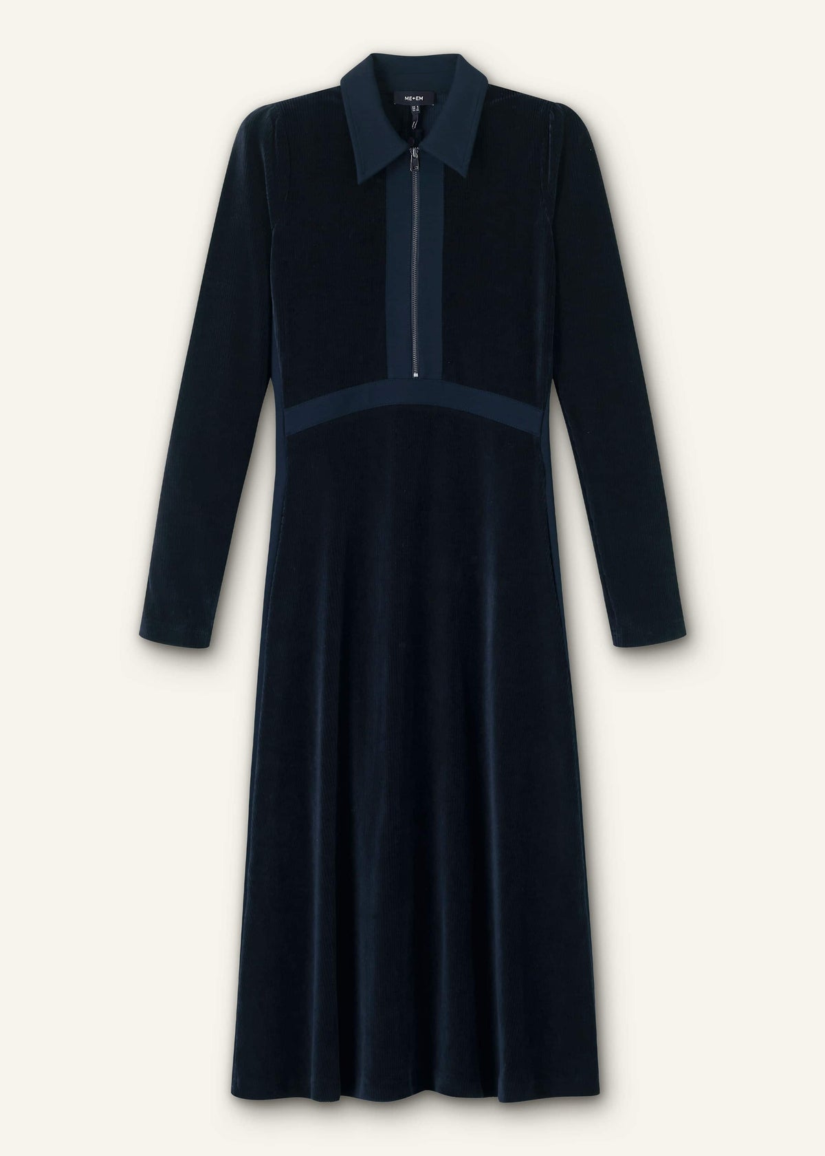 Navy Ponte Collared Cord Velour AM-PM Midi Dress | ME+EM Clothing