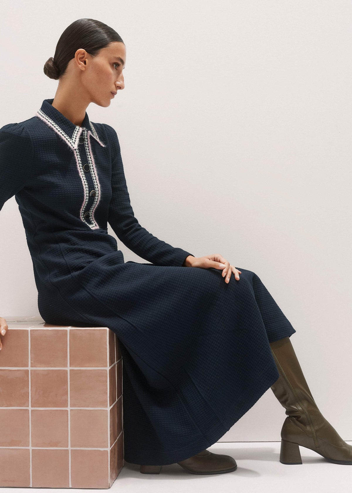 Navy Crochet Trim Fit and Flare Midi Dress | ME+EM Clothing