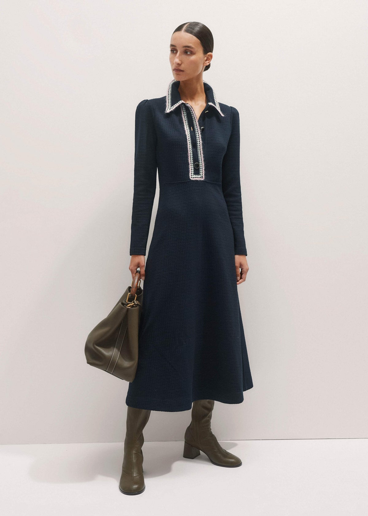 Navy Crochet Trim Fit and Flare Midi Dress | ME+EM Clothing