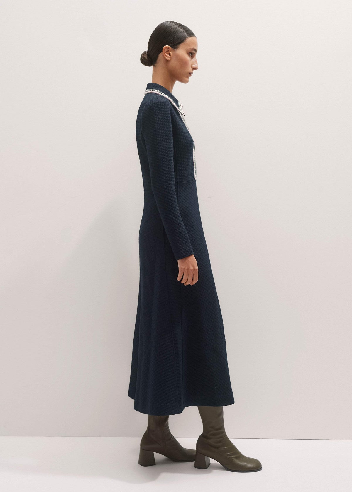Navy Crochet Trim Fit and Flare Midi Dress | ME+EM Clothing
