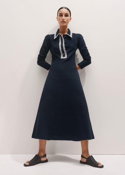 Navy Crochet Trim Fit and Flare Midi Dress | ME+EM Clothing