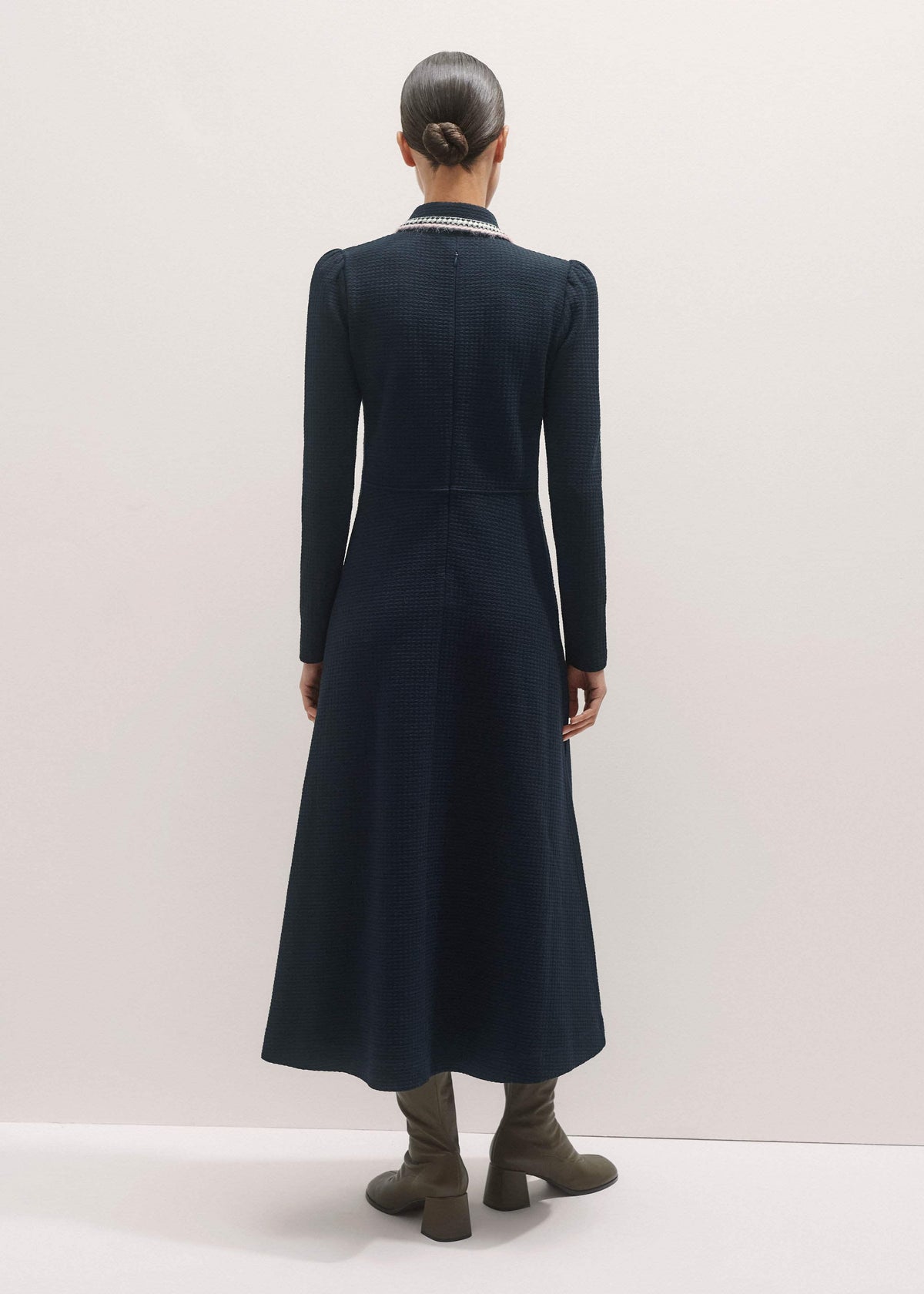 Navy Crochet Trim Fit and Flare Midi Dress | ME+EM Clothing