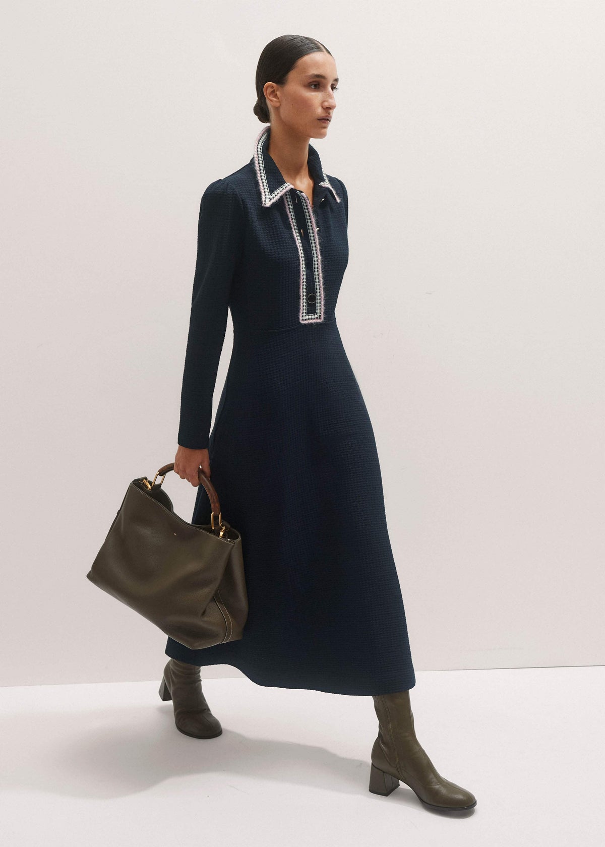 Navy Crochet Trim Fit and Flare Midi Dress | ME+EM Clothing