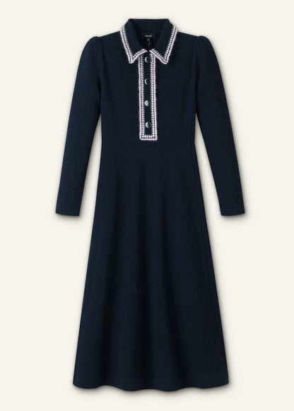 Navy Crochet Trim Fit and Flare Midi Dress | ME+EM Clothing