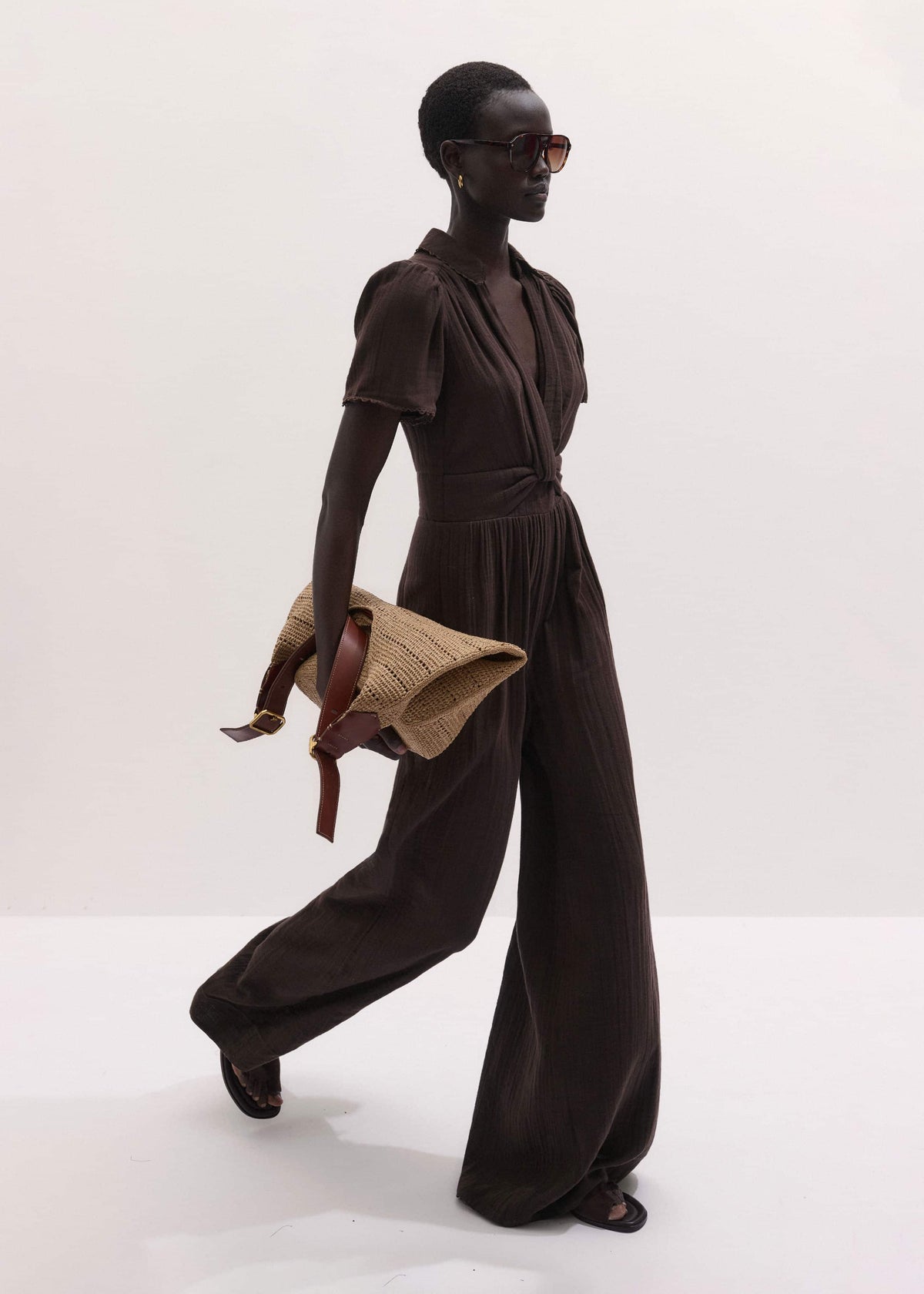 Brown Twisted Front Cheesecloth Jumpsuit | ME+EM Clothing