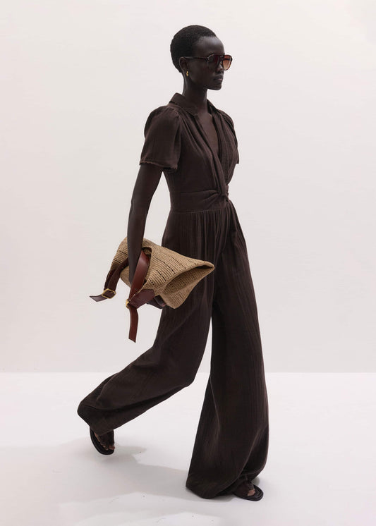 Brown Twisted Front Cheesecloth Jumpsuit | ME+EM Clothing
