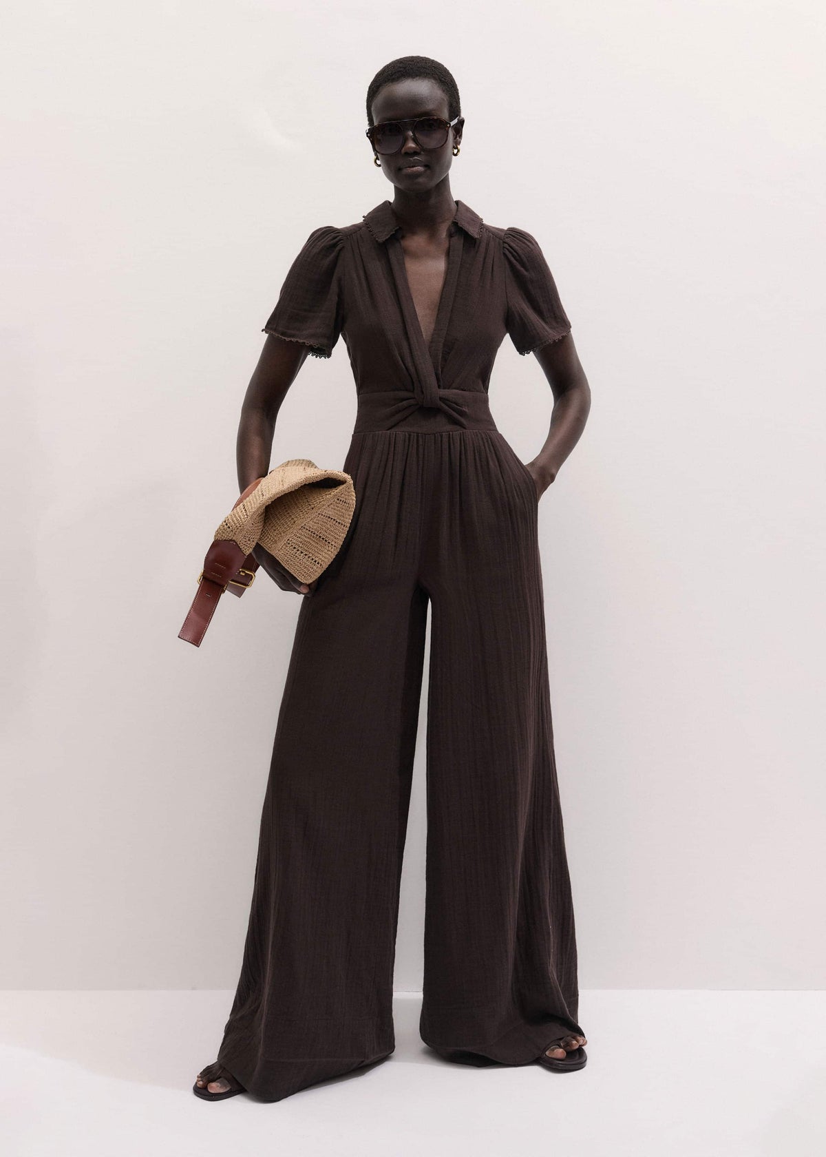 Brown Twisted Front Cheesecloth Jumpsuit | ME+EM Clothing