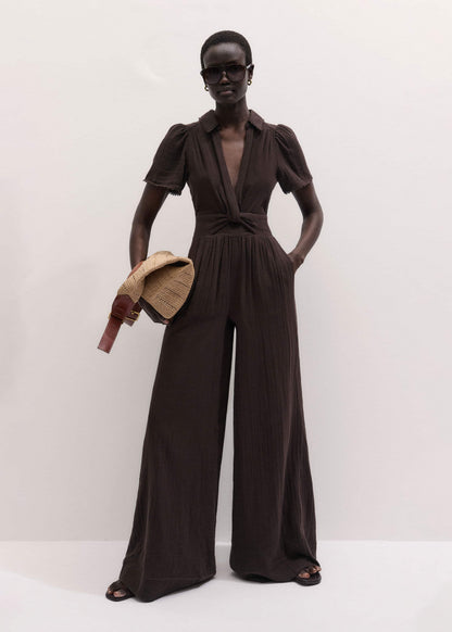 Brown Twisted Front Cheesecloth Jumpsuit | ME+EM Clothing