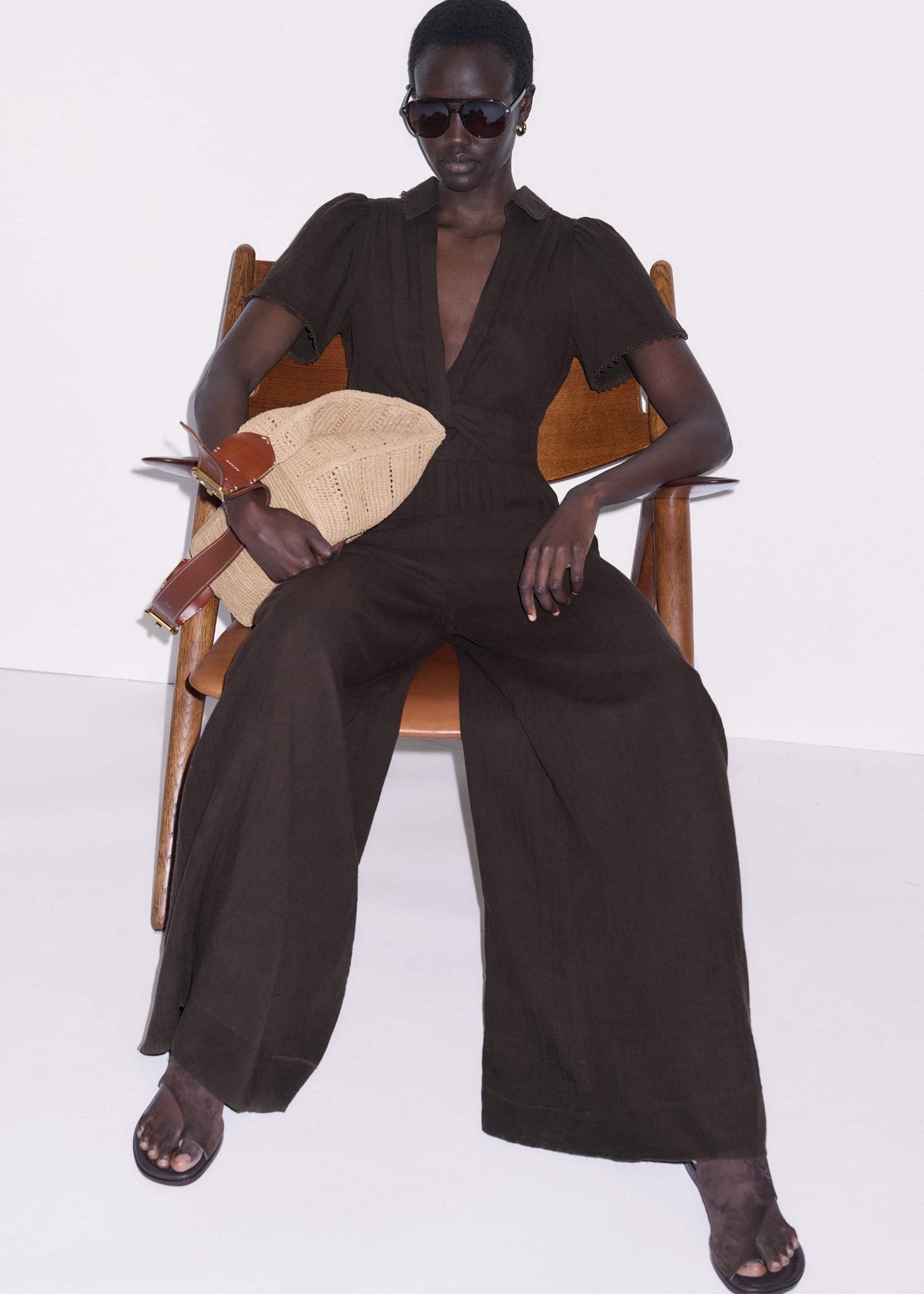 Brown Twisted Front Cheesecloth Jumpsuit | ME+EM Clothing