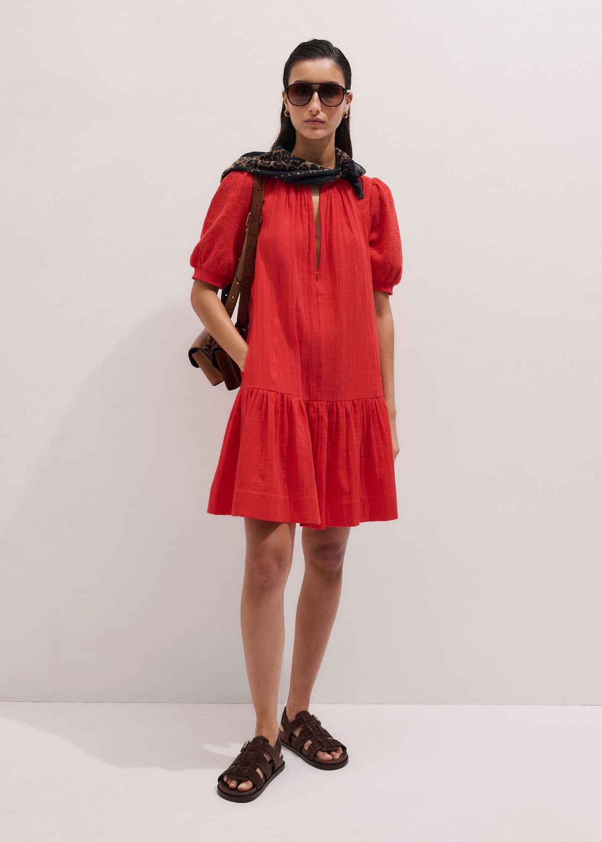 Red Embroidered Cheesecloth Short Dress | ME+EM Clothing