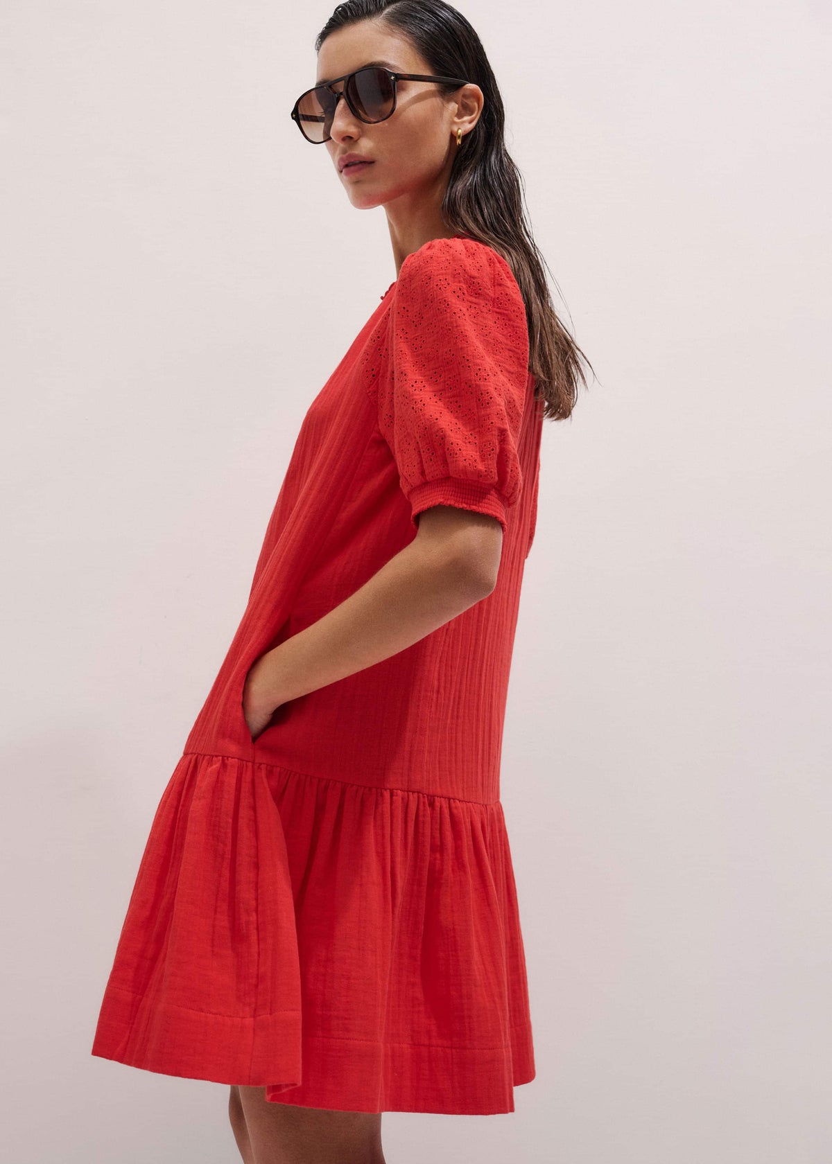 Red Embroidered Cheesecloth Short Dress | ME+EM Clothing
