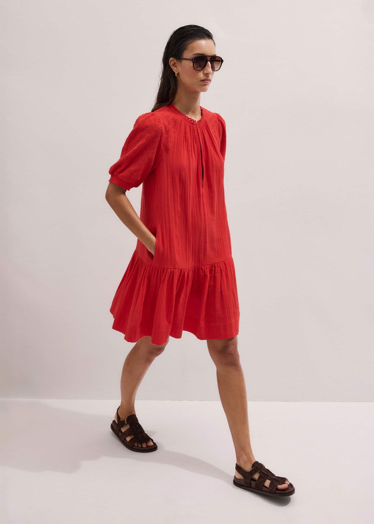 Red Embroidered Cheesecloth Short Dress | ME+EM Clothing