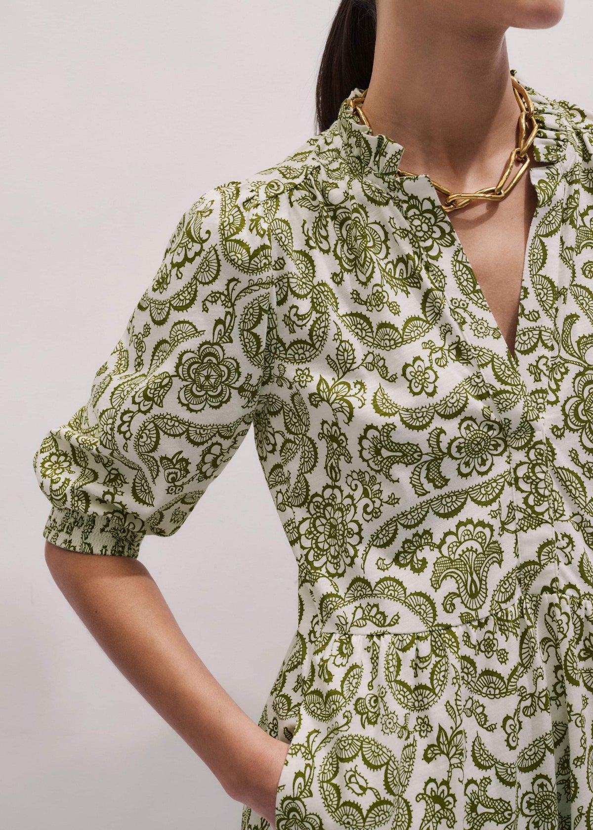 Green Entangled Lace Print Tiered Short Dress | ME+EM Clothing
