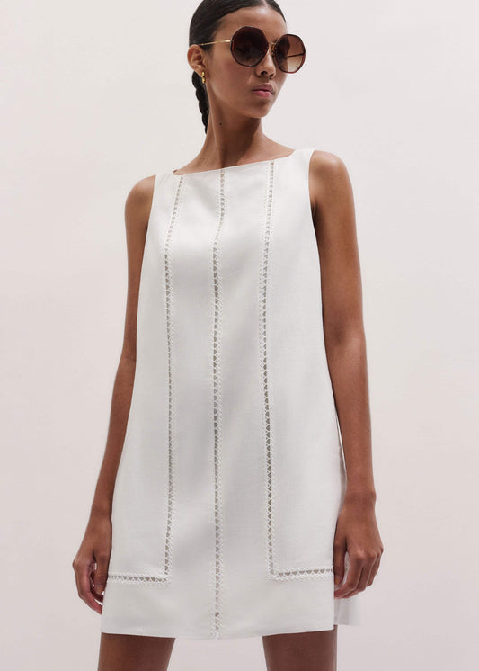 White Crease-Less Linen Embroidered Midi Dress | ME+EM Clothing