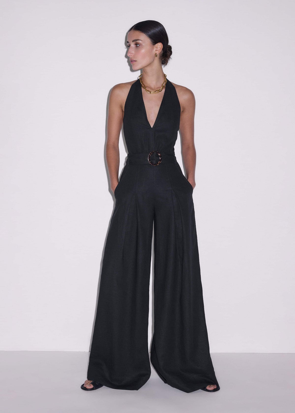 Black Crease-Less Linen Halterneck Wide Jumpsuit | ME+EM Clothing
