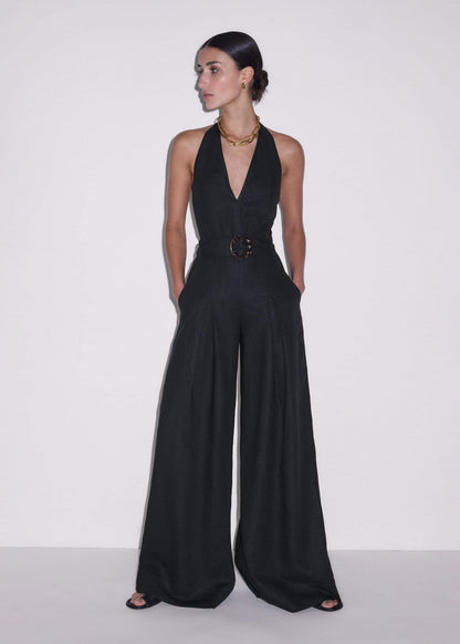 Black Crease-Less Linen Halterneck Wide Jumpsuit | ME+EM Clothing