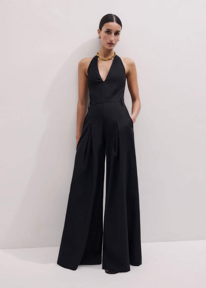 Black Crease-Less Linen Halterneck Wide Jumpsuit | ME+EM Clothing