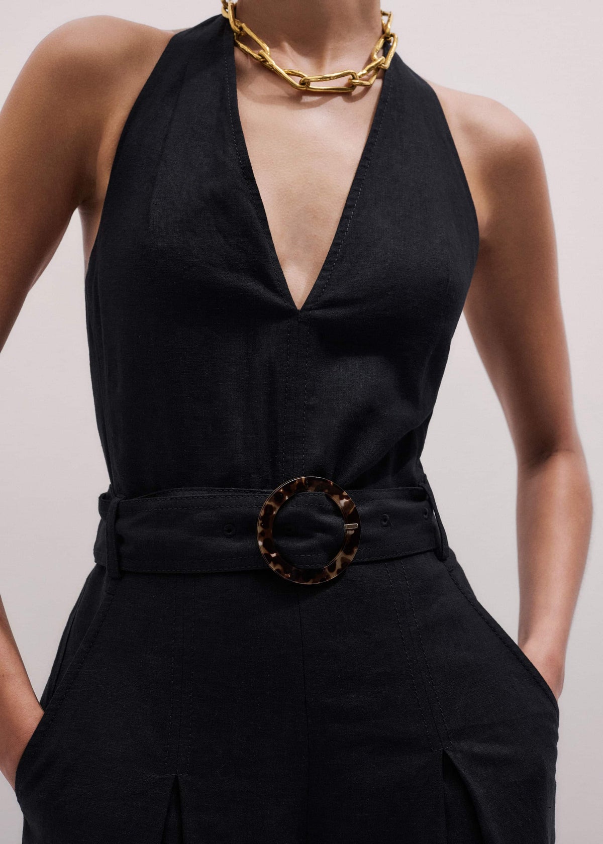 Black Crease-Less Linen Halterneck Wide Jumpsuit | ME+EM Clothing