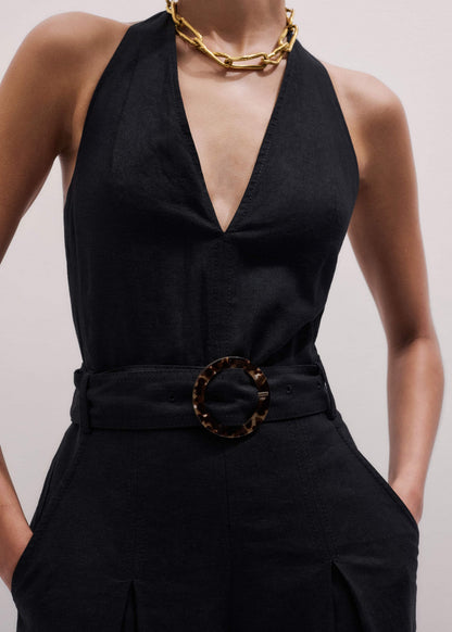 Black Crease-Less Linen Halterneck Wide Jumpsuit | ME+EM Clothing