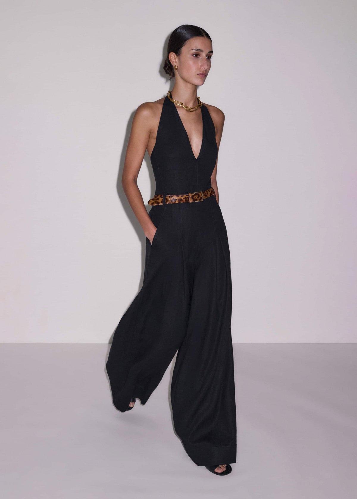 Black Crease-Less Linen Halterneck Wide Jumpsuit | ME+EM Clothing