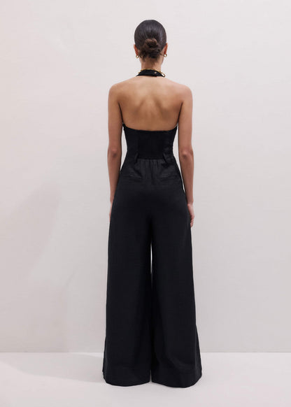 Black Crease-Less Linen Halterneck Wide Jumpsuit | ME+EM Clothing