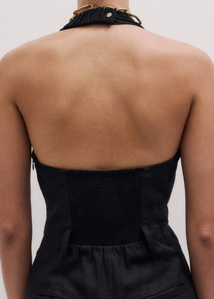 Black Crease-Less Linen Halterneck Wide Jumpsuit | ME+EM Clothing