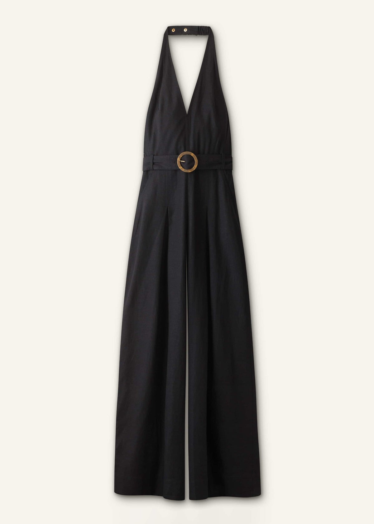 Black Crease-Less Linen Halterneck Wide Jumpsuit | ME+EM Clothing