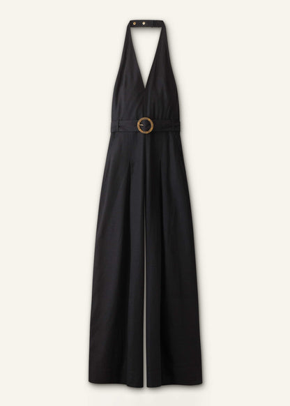 Black Crease-Less Linen Halterneck Wide Jumpsuit | ME+EM Clothing