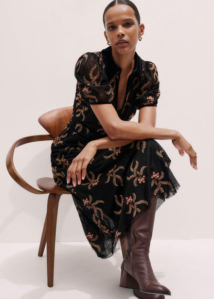 Black Autumn Floral Embroidery Maxi Dress | ME+EM Clothing
