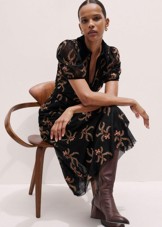 Black Autumn Floral Embroidery Maxi Dress | ME+EM Clothing