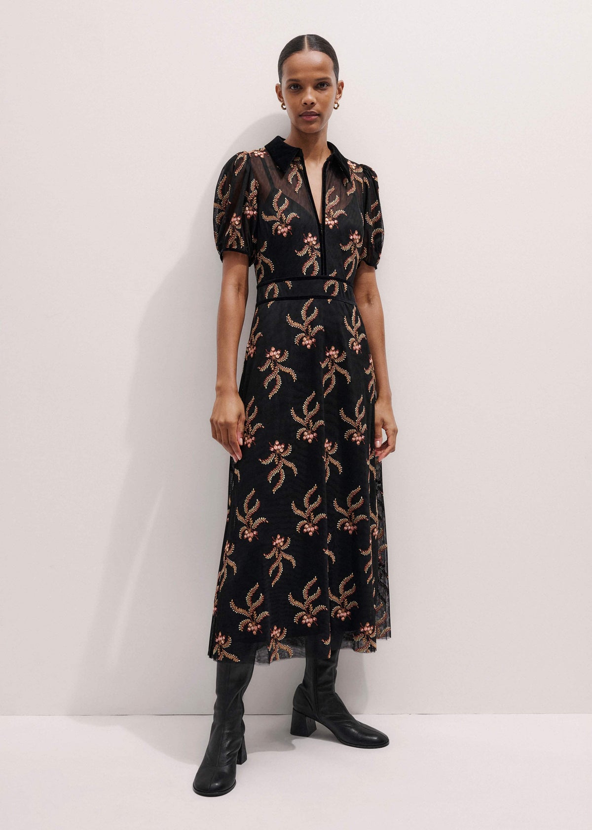 Black Autumn Floral Embroidery Maxi Dress | ME+EM Clothing