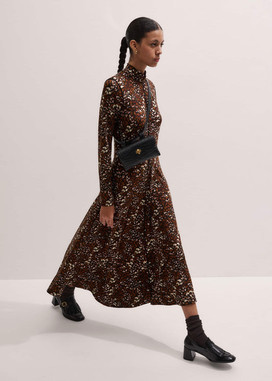Brown Twisting Feather Print High Neck Maxi Dress | ME+EM Clothing